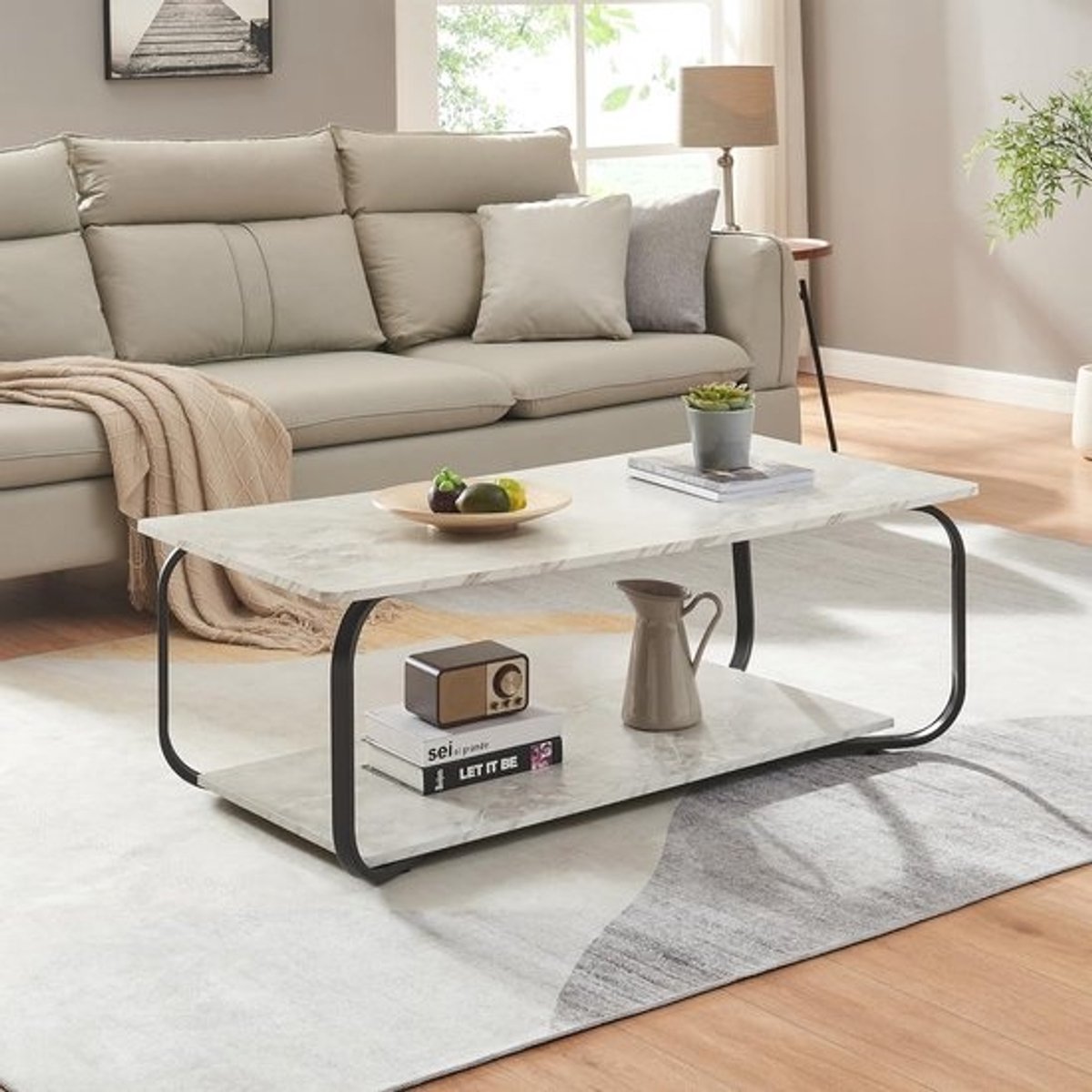 Rechthoekige salontafel in zwart en marmerlook - 120x60x43 cm