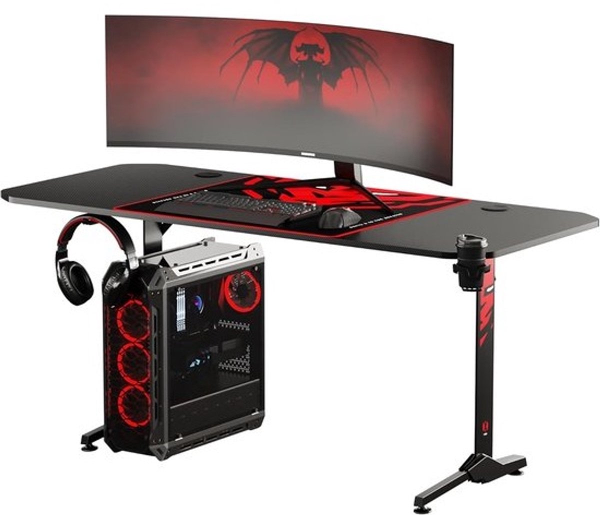 Ergonomisch Gaming Bureau 160 cm x 75 cm met Hoofdtelefoonhaak en Drankenhouder