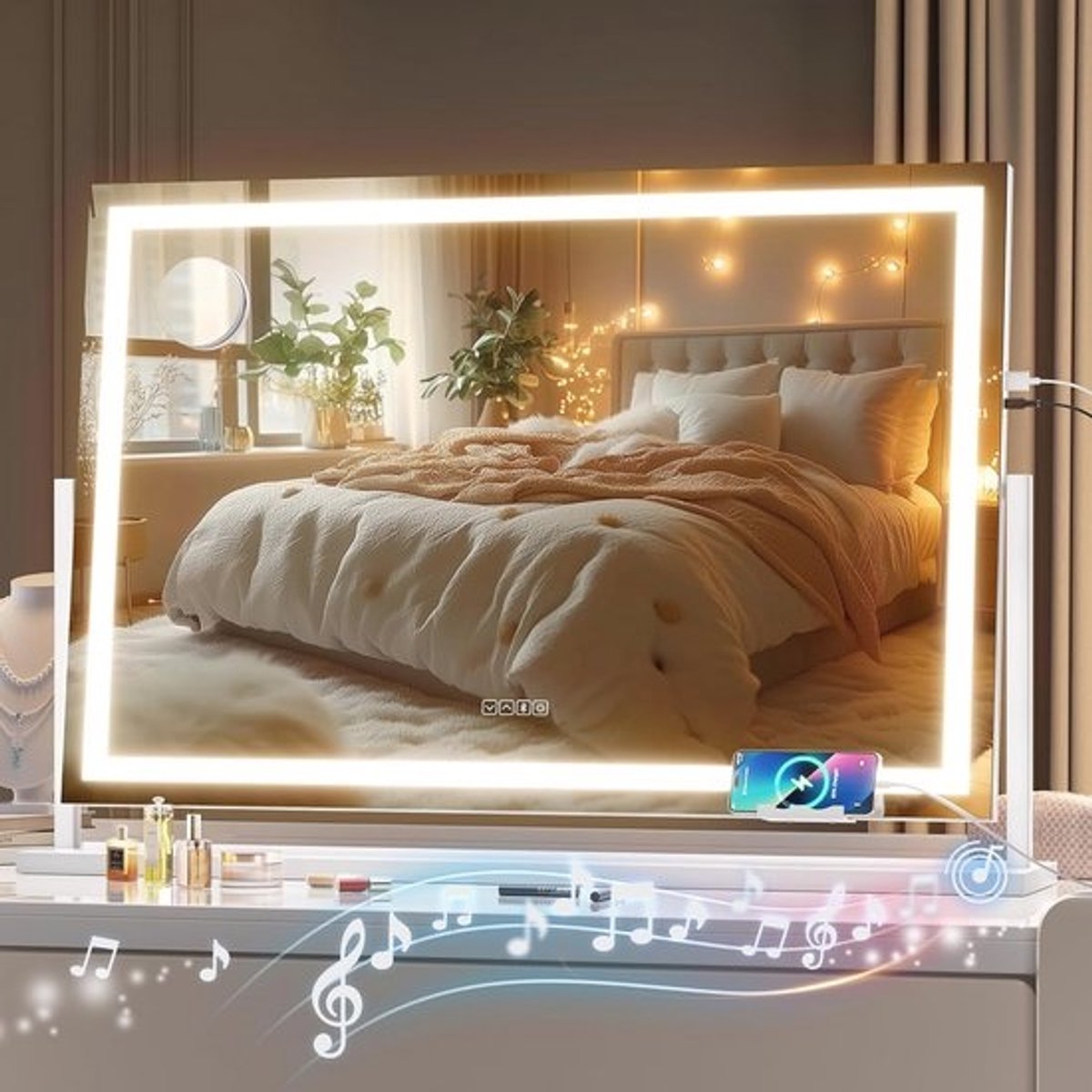 Groot make-upspiegel met verlichting en bluetooth-luidspreker - 91,4 x 61 cm LED-spiegel met 10x vergroting