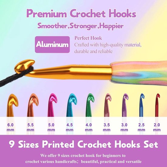 Kleurrijke haaknaalden set van 9 stuks met ergonomisch handvat, ideaal voor beginners en haken projecten — afbeelding 2