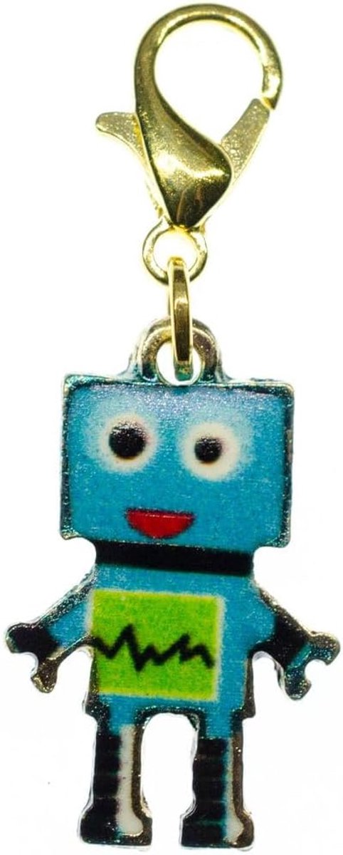 Robot Charm - handgemaakte modesieraden I machine mechanica SciFi computer metaal blauw goud l - kettinghanger vergulde bedelhanger bedelarmband hanger voor armband, 24mm, Metaal