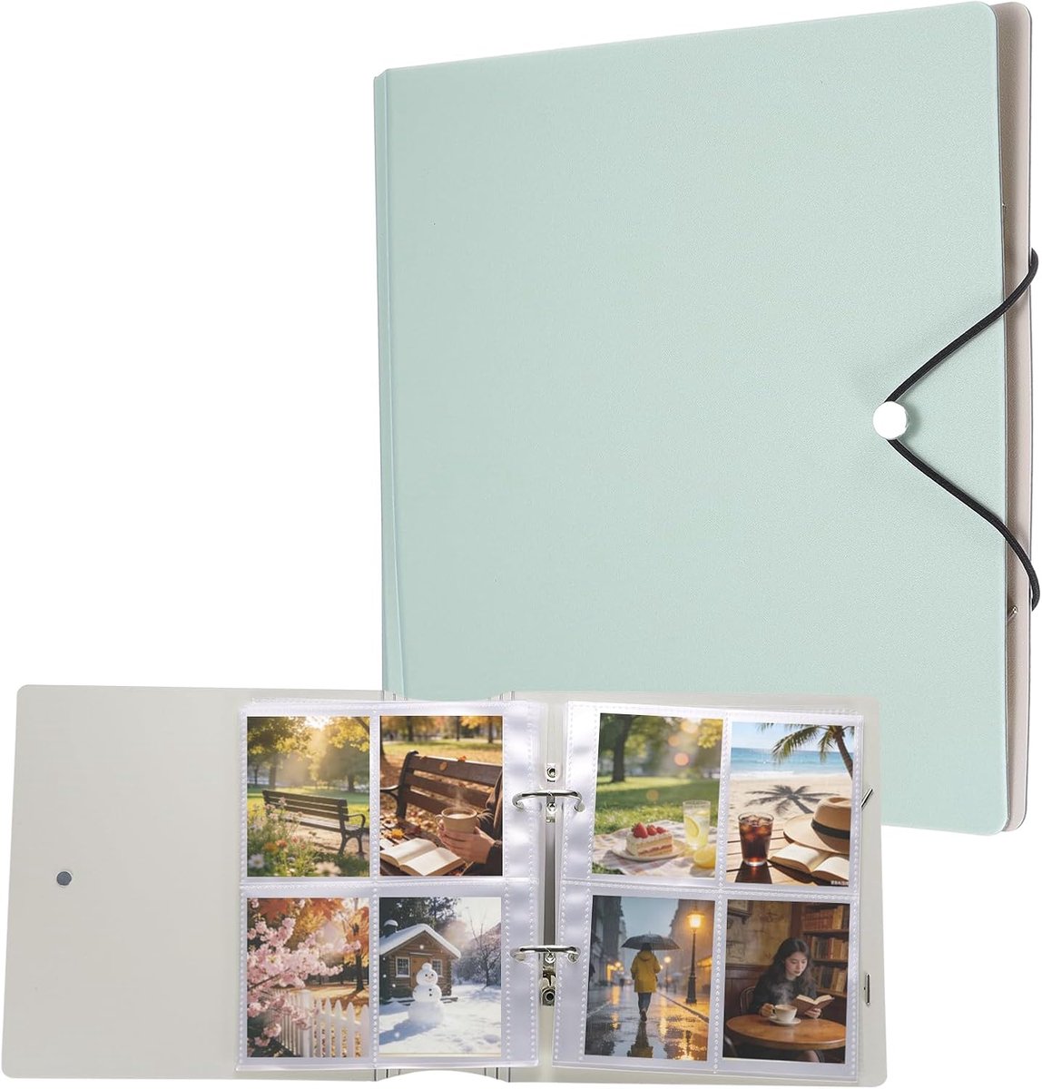 Klein fotoalbum voor 100 foto's van 7,6 x 10,2 cm, groen, met elastische sluiting en transparante insteekhoezen