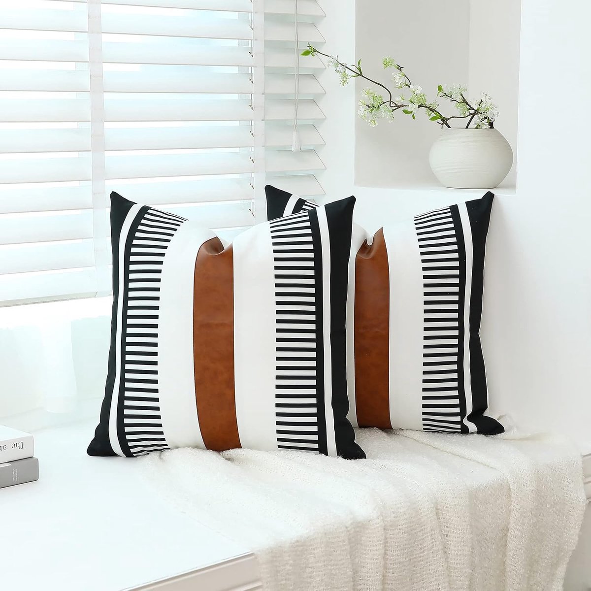 Kussenslopen 45 x 45 cm, set van 2 stuks, met panelen van imitatieleer accent, sierkussenhoes 45 x 45 cm, moderne landelijke boerderijstijl kussensloop voor slaapkamer, woonkamer