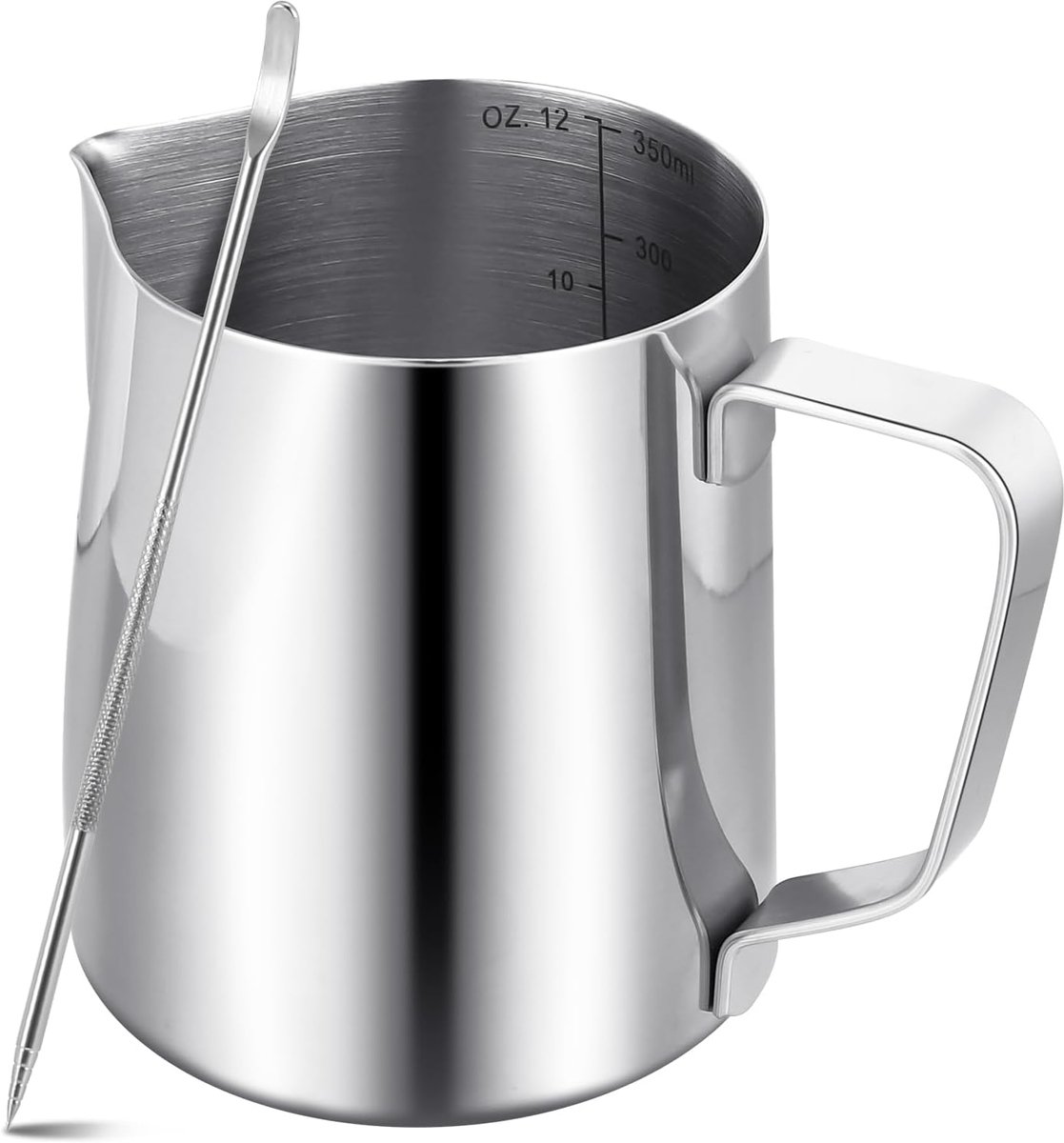 Melkopschuimer kan koffiemachine, 350ml/12oz 304 roestvrijstalen melkkop met decoratiepen, metalen barista accessoires cappuccino latte en espresso, vaatwasmachinebestendig
