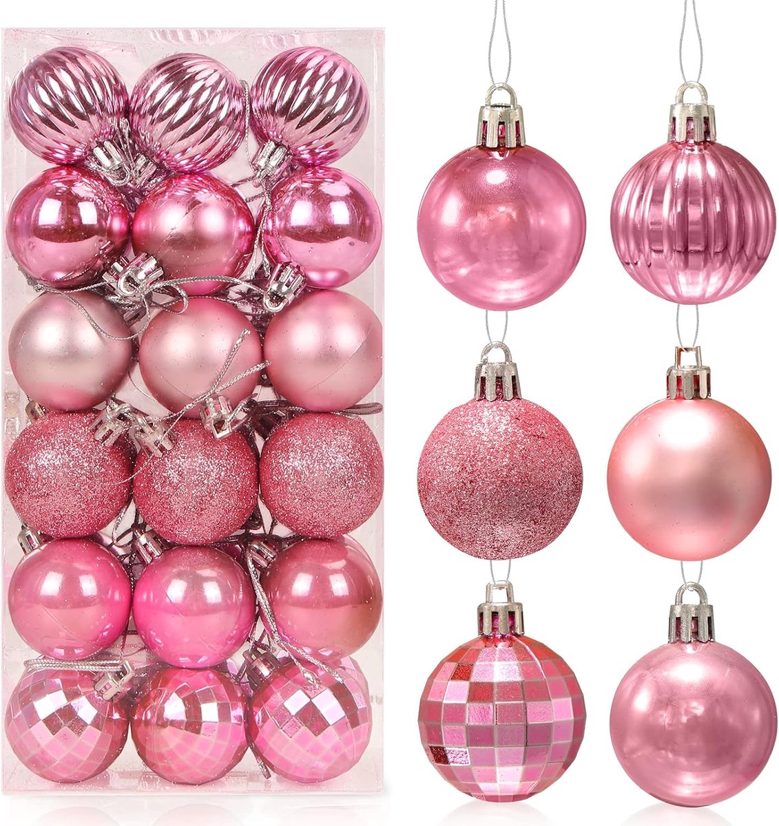 Kerstballen, roze, 36 stuks, kunststof kerstballen, 4 cm, kerstballen, boomversiering, kerstboomballen, set voor feestjes, kerstversiering