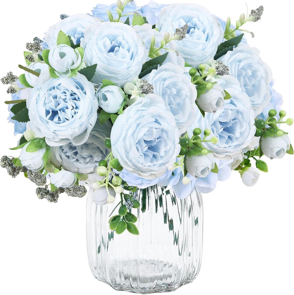 Kunstbloemen, kunstboeket, pioenrozen, kunstbloemen, decoratieve bloemen van zijde, voor de decoratie van huis, bruiloft (blauw)