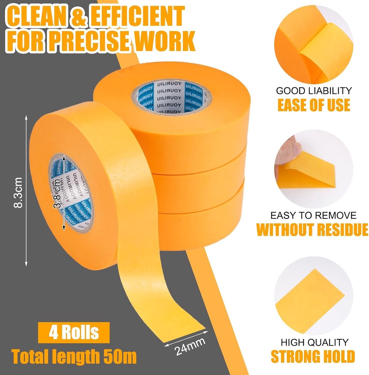 4 Rollen Maskertape voor Schilderen, 24 mm x 50 m, Ideaal voor Renovatie en Decoratie, Plakband voor Creatieve Projecten
