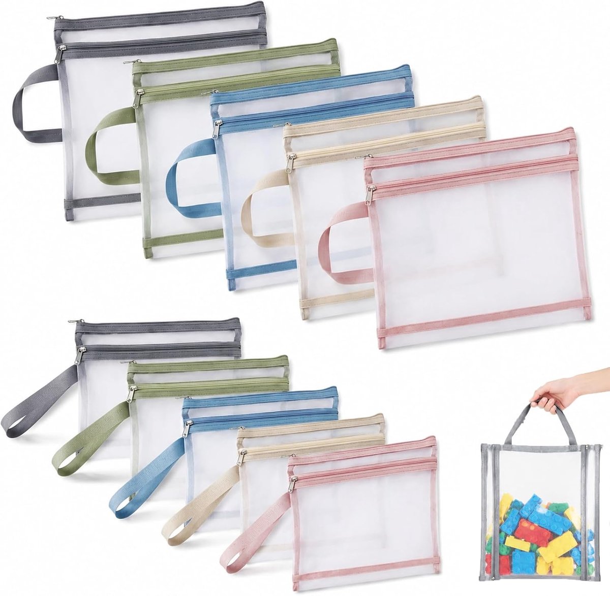10 stuks gekleurde dubbellaagse mesh documententas met ritssluiting, 5 x A4 en 5 x A5 nylon speelgoedopslag compatibel met Lego-opslag, netzak met handvat voor puzzels, blokken, documenten