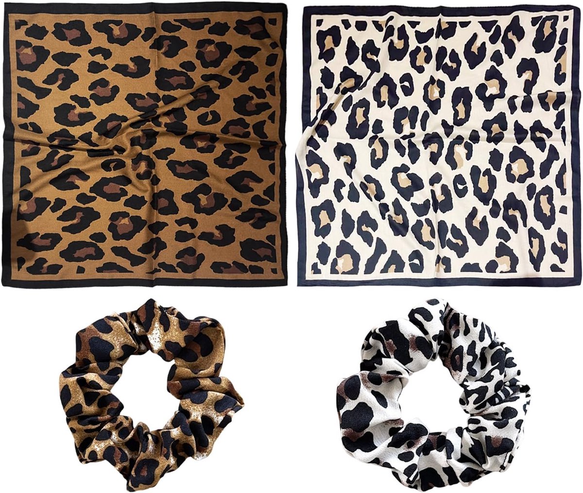 2 Stuks Luipaard Patroon Vierkante Sjaal En 2 Stuks Haarring, Luipaard Patroon Hoofddoek, Kapsel Accessoires, Geschikt Voor Dagelijkse En Vakantie Slijtage.