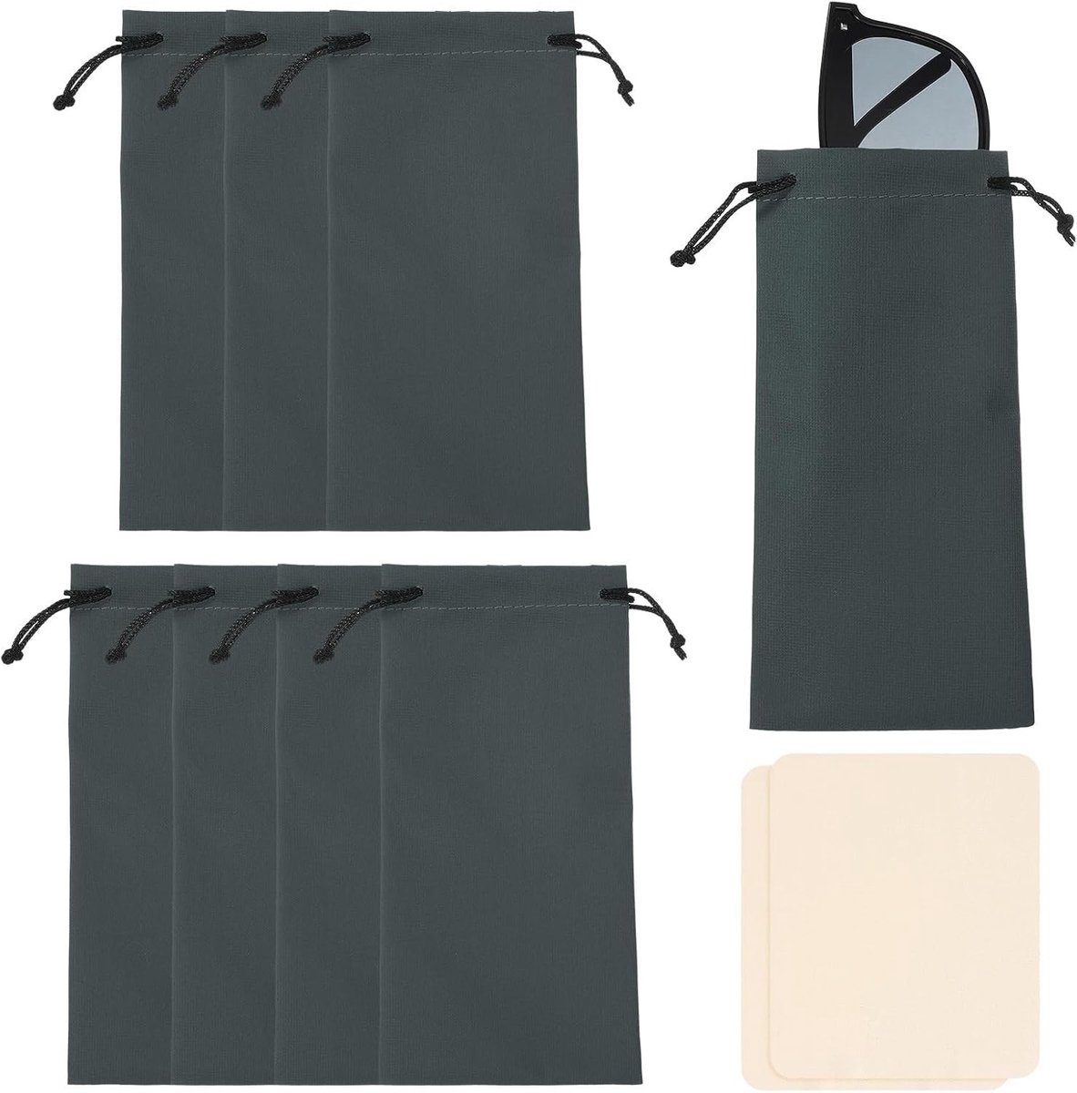 8 Stuks Polyester Brillenkoker - Draagbare Zonnebrillenetui met Trekkoord en 2 Doeken, Donkergrijs, Ideaal voor Reizen en Bescherming