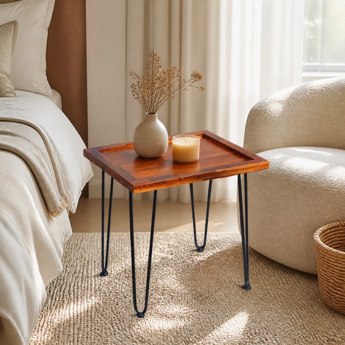 MEUNIQ Salontafel 55,7 x 44,7 x 52,9 cm met houten blad, metalen poten en opstaande rand voor woonkamer, slaapkamer, werkkamer of terras - Naturel