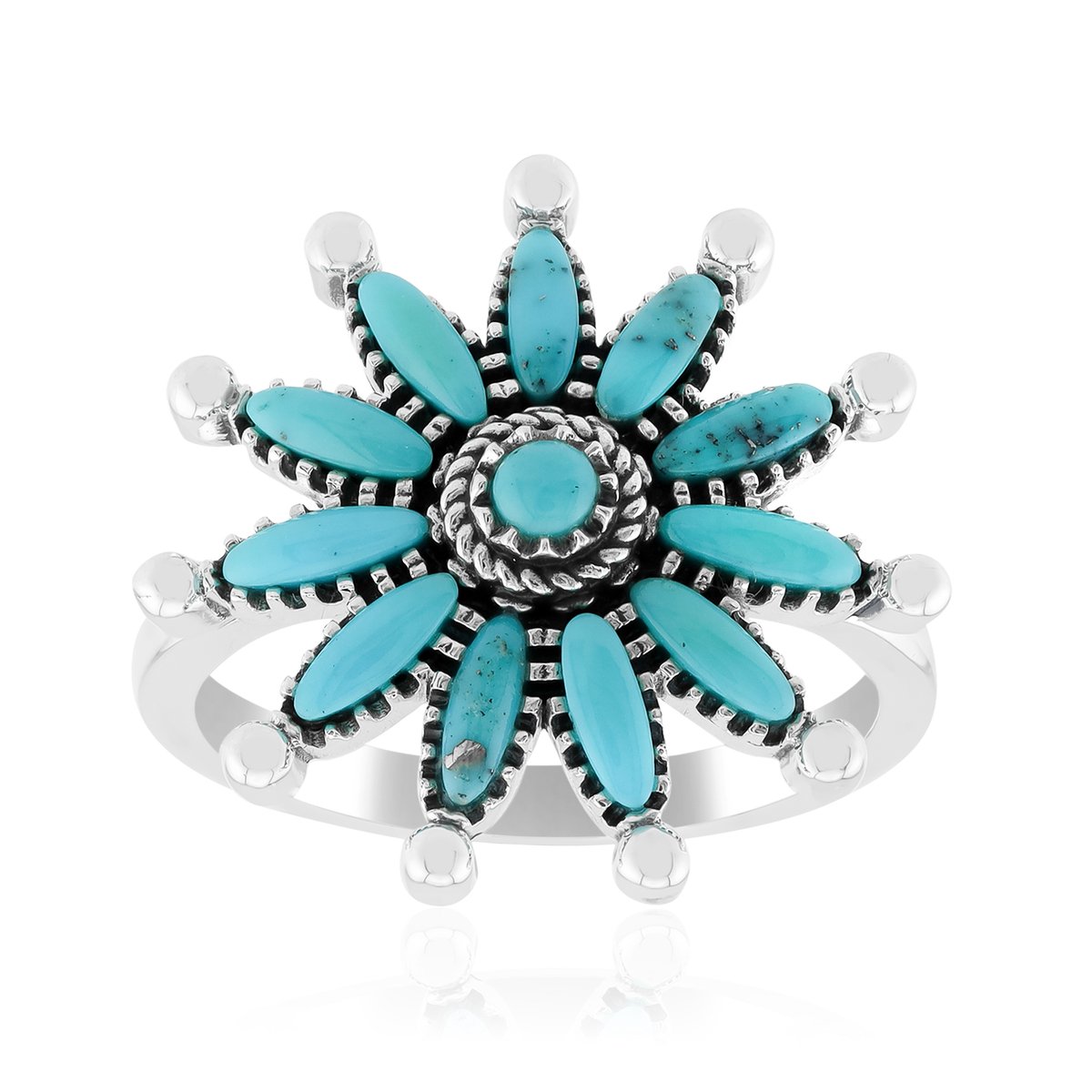 Cavill - Verst. Zilveren Ring - 925 Sterling Zilver - 11 Blauwe Kingman Mohave Turkooisen 0,931 ct - Boho Bloemenmotief - Vintage Stijl