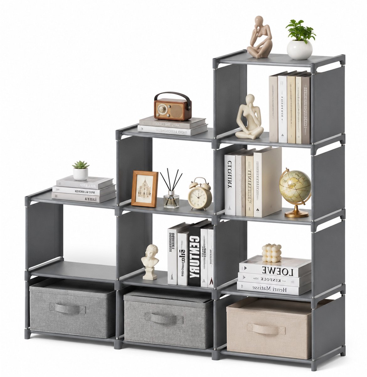 Soontrans - Boekenkast - Trapeziumvormig - 9 Vakjes - Multifunctionele Opbergkast - Modern design Vakkenkast geschikt voor Woonkamer - Slaapkamer en Studeerkamer - Grijs