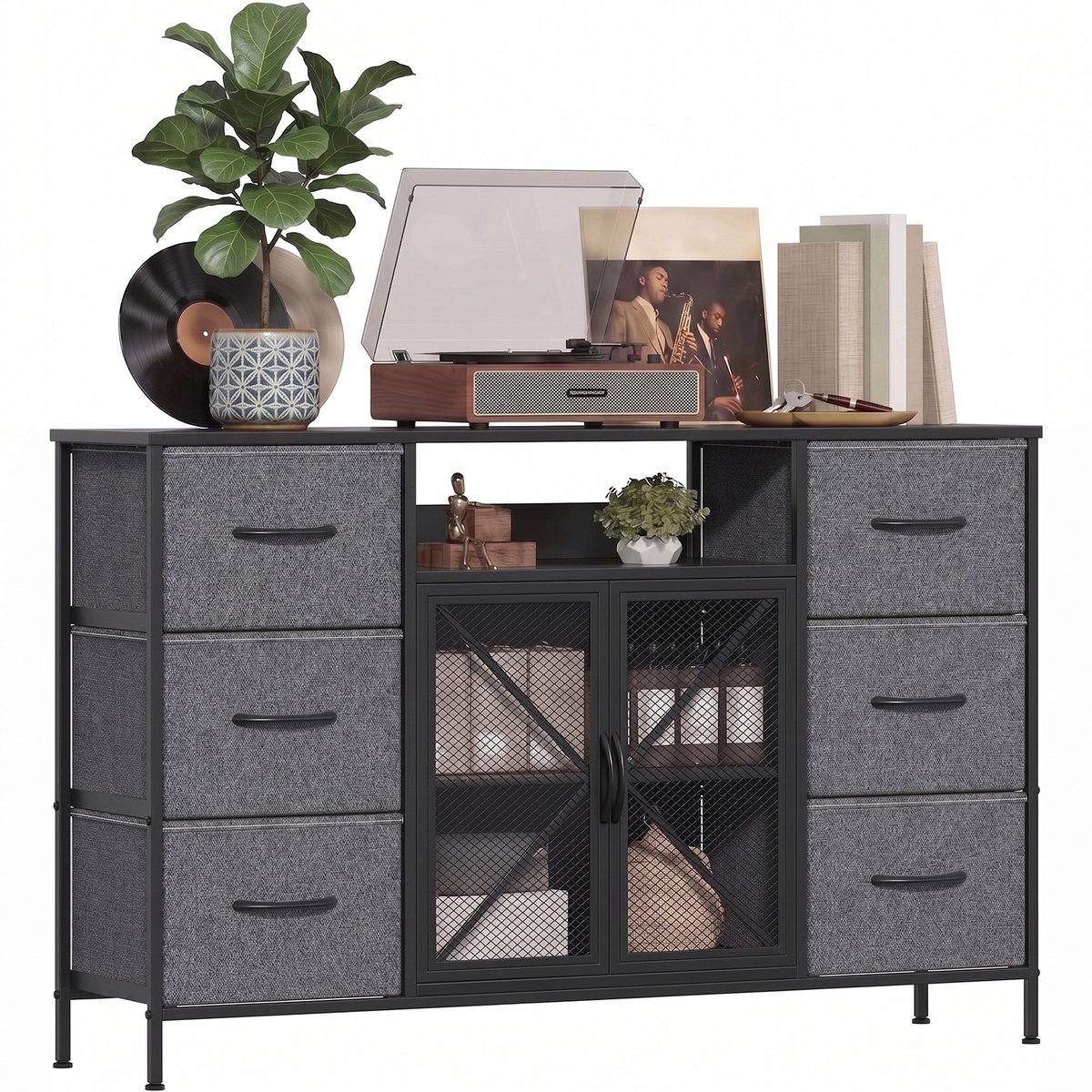 Opbergkast met 6 stoffen lades en 2 gaasdeuren - 120 x 30 x 75 cm - tv-meubel met open vak, metalen frame, MDF-blad en stelvoeten - donkergrijs