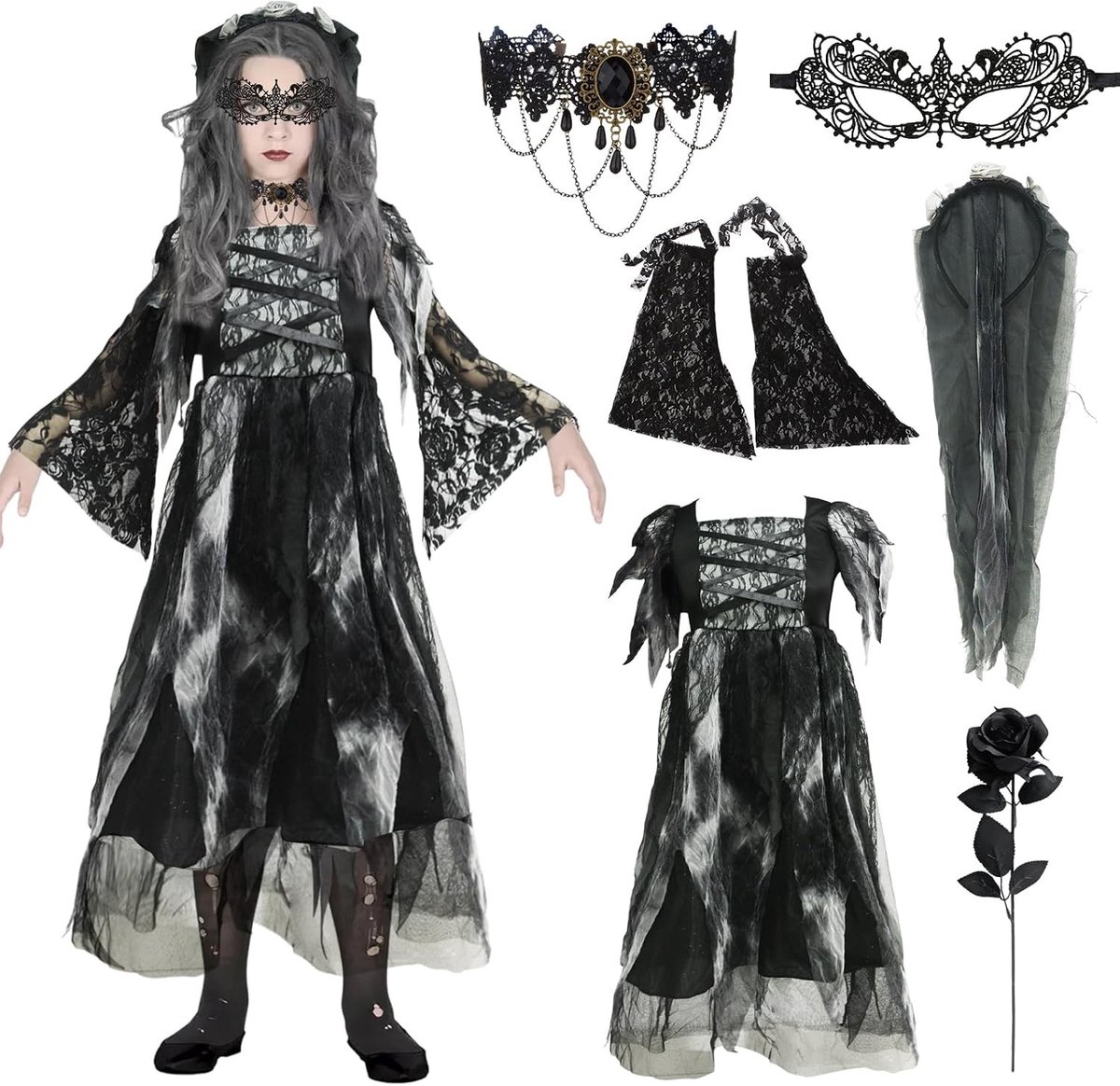 Zombie Bruid Kostuum voor Kinderen - Spookachtige Bruidsjurk met Sluiers, Oogmasker en Sieraden voor Halloween en Carnavalsfeesten