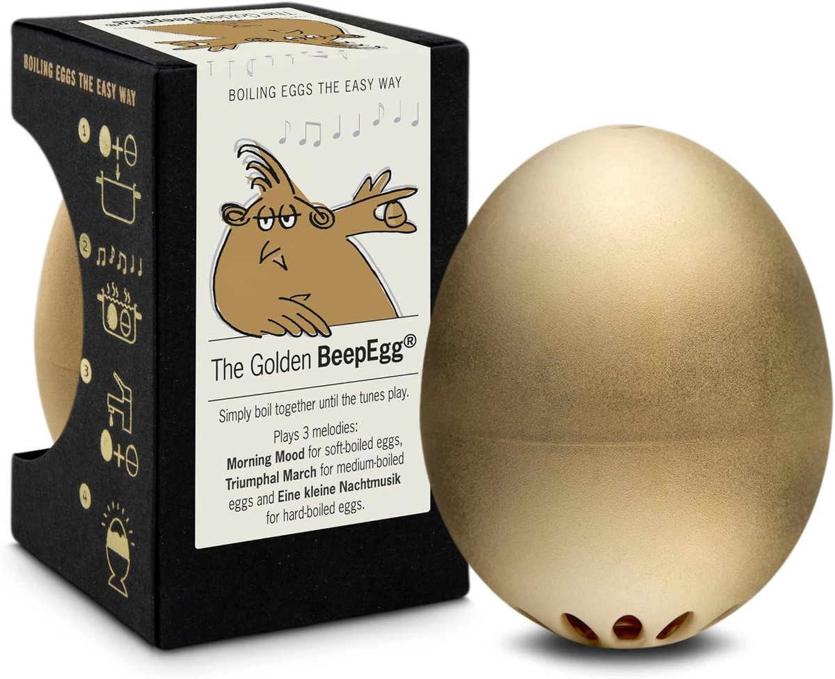 gouden piepei - zingende eierwekker om mee te koken - eierkoker voor 3 hardheidsgraden - gouden huwelijkscadeau - grappig koken - muziekegtimer - Brainstream