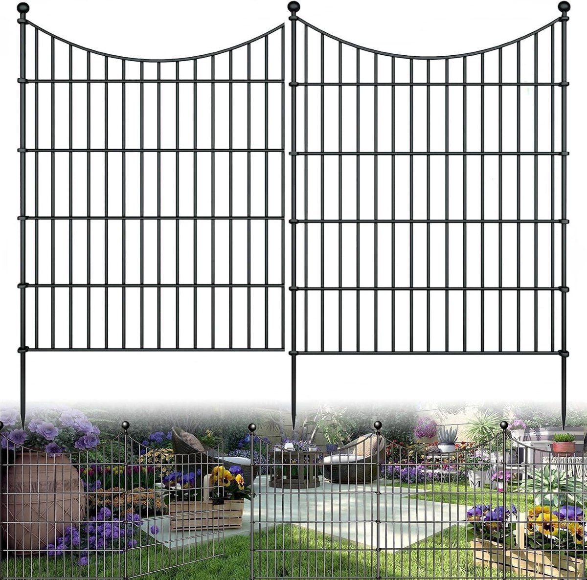 Complete Set van 10 Tuinhekken 74 x 81 cm met 11 Bevestigingsstangen voor Buiten, Zwart Metaal voor Terras en Tuin