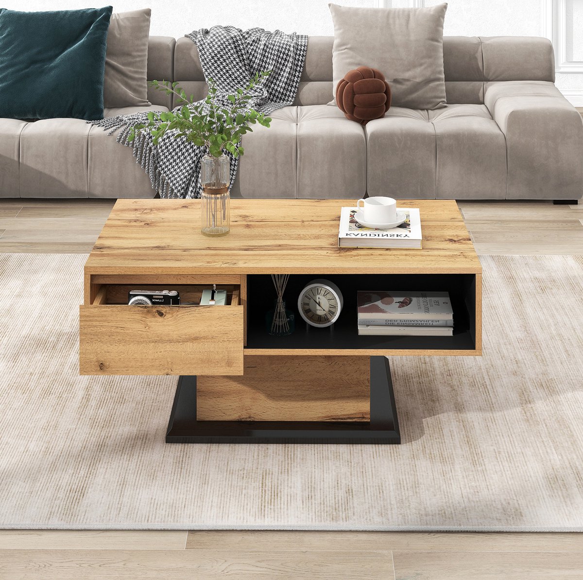 MEUNIQ Salontafel 100 x 60 x 47 cm met greeploze lade, open opbergvak en opbergruimte aan twee zijden voor woonkamer of kantoor, eiken en antraciet Naturel