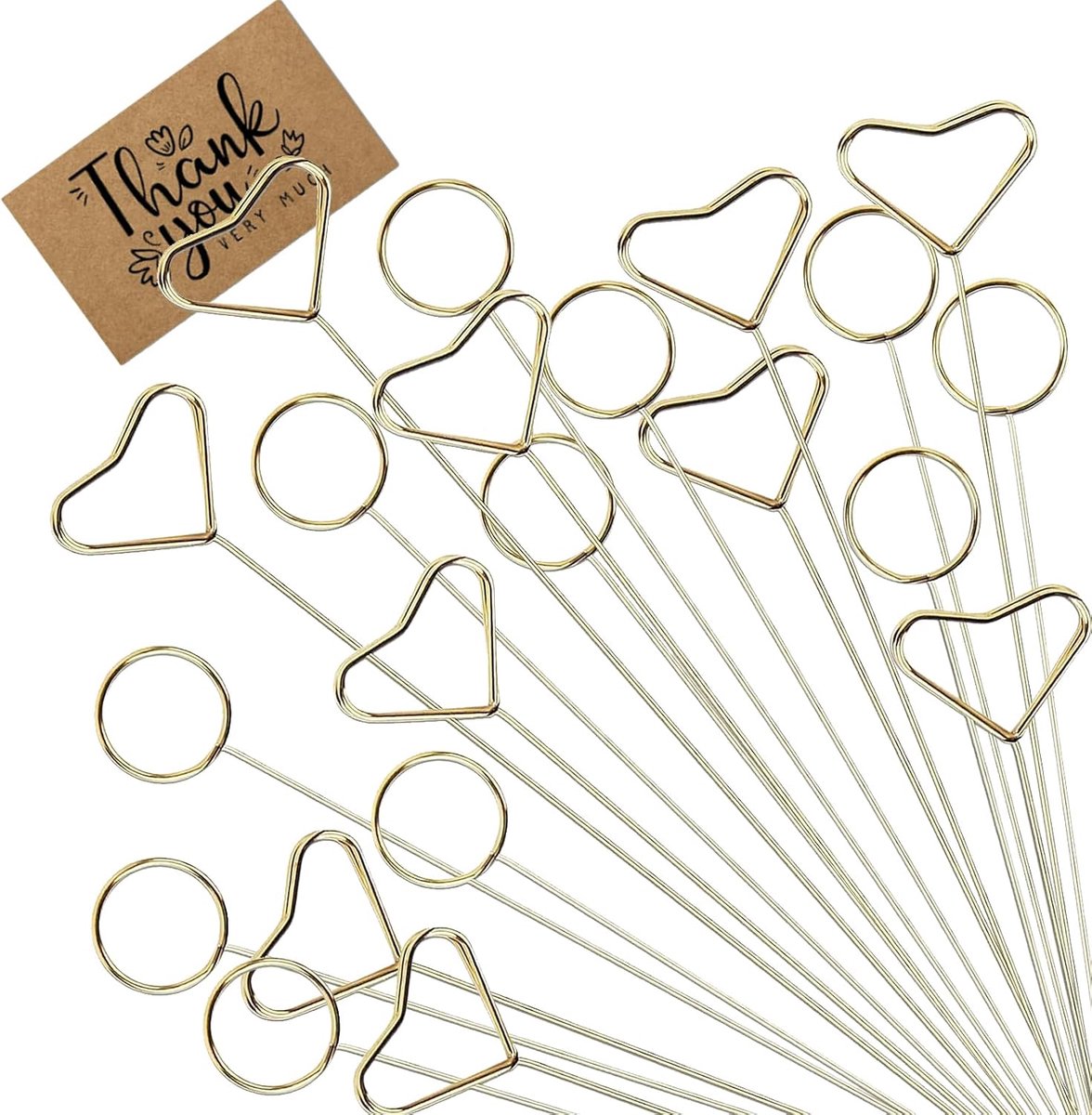 40 stuks metalen draad bloem plaats kaarthouder, bloemenplectrums fotohouders, bloem boeket plectrums clip gouden foto clip houder voor arrangementen bruiloft feest verjaardag (20 ronde, 20
