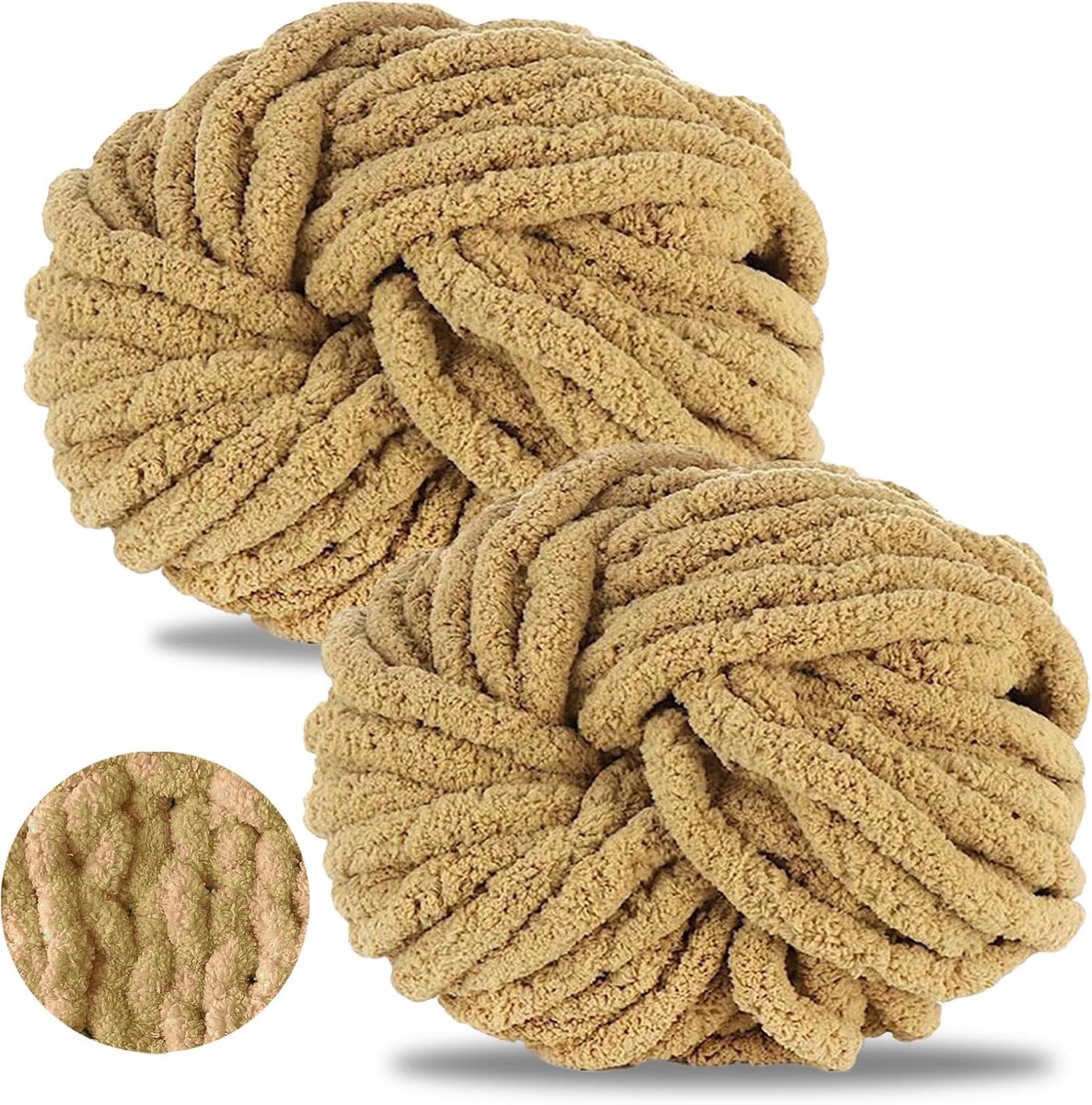 Wol, 2 stuks dikke wol, 500 g, dikke wol, dik garen om te haken, wollig, XXL haakwol voor handbreien, voor deken, sjaals, mutsen, huisdiernest (kaki)