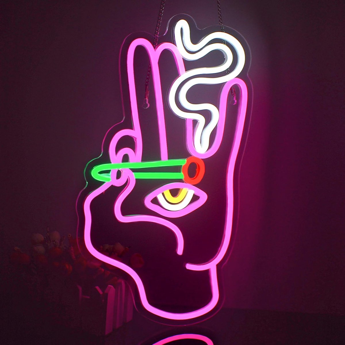 Neonborden, boze oog, neontekens, hand roze en wit, led-neonteken voor wanddecoratie, neonbord met USB-oog voor slaapkamer, hal