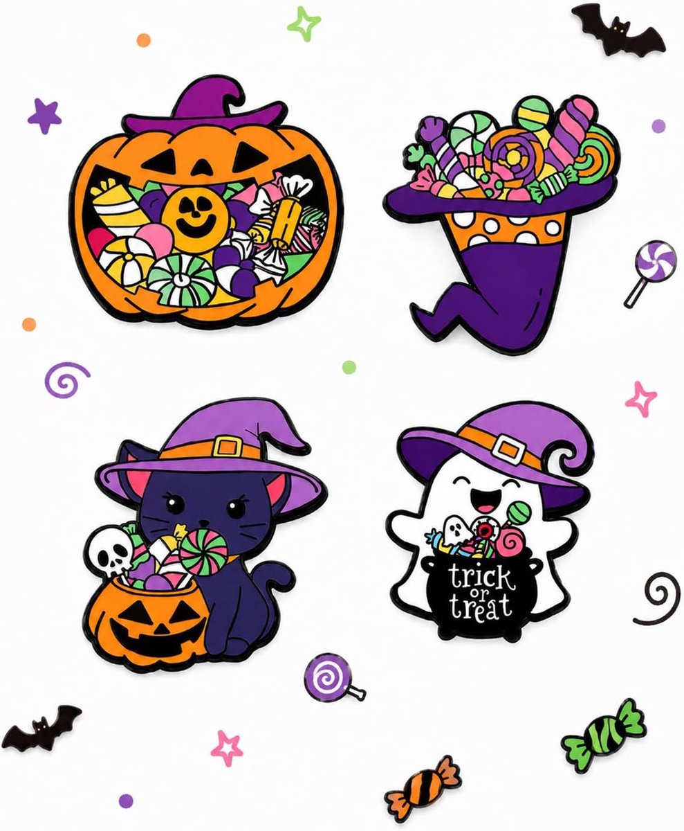 Broches, set van 4, 4 verschillende cartoonmotieven, robuuste veiligheidsspelden en glanslak, ideaal voor verkleden en als griezelig cadeau