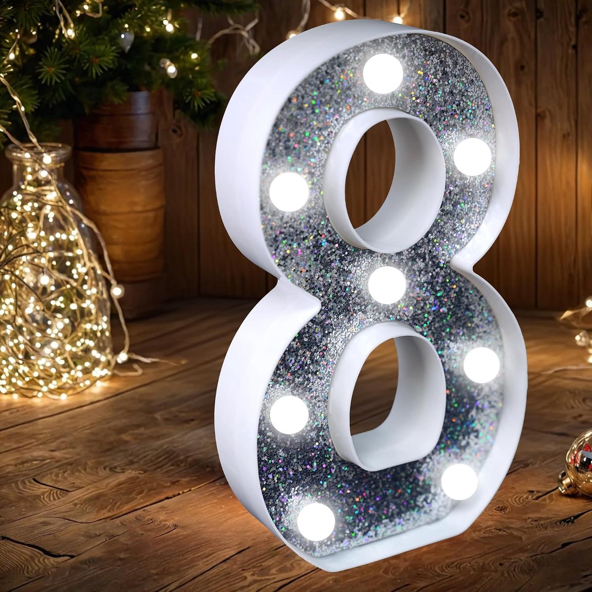 Nummer Light - Light Up Zilver Glitter Nummer Lights Sign Perfect voor gebruik als Nachtlampje of op Bruiloft Verjaardagsfeest Woondecoratie (Nummer 8)