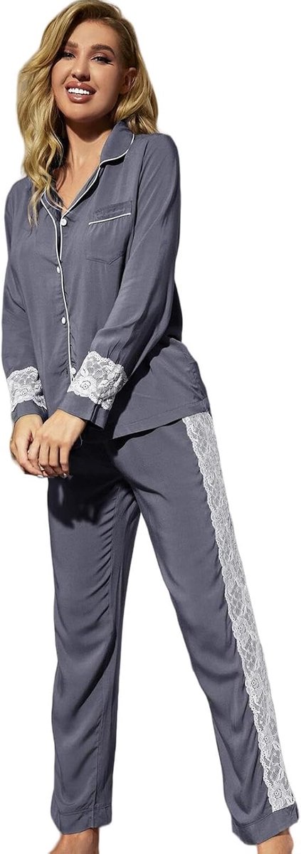 Pajama Set Cardigan Long Sleeve Pajamas, Lace Decorated Fashion Pajamas, Soft And Comfortable Loungewear-A-L