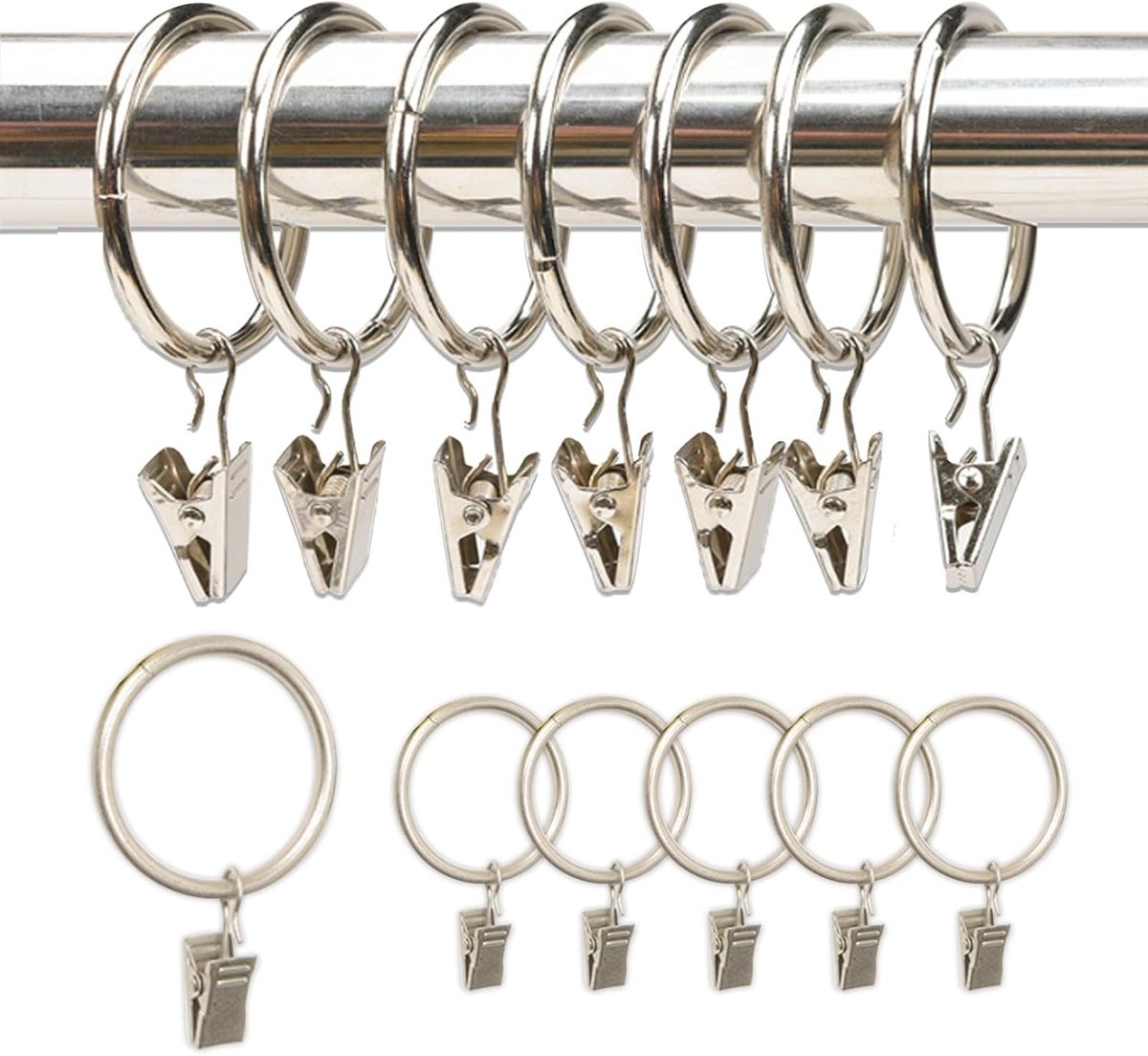 Gordijnringen - Metaal - 32 mm Binnendiameter - Met Clips en Haken - Voor Gordijnen en Douchegordijnen