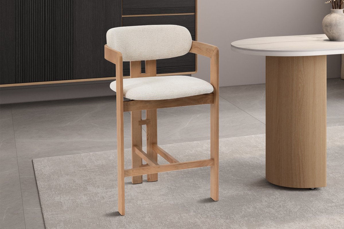 Barstoel Camille Naturel – Keukeneiland 66 cm – Massief Essenhout – Beige Stof