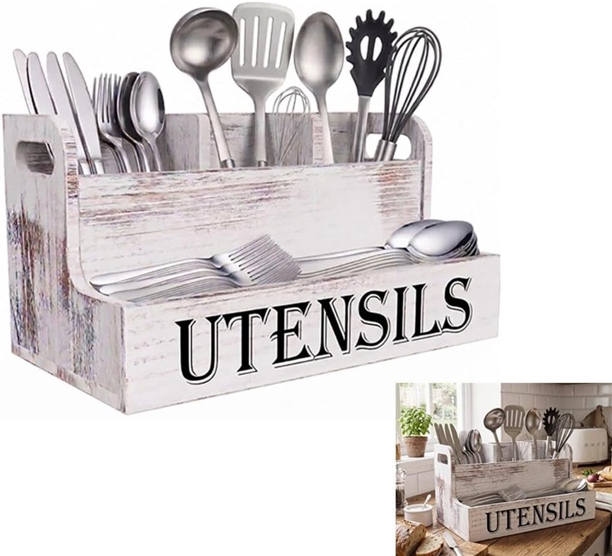 Houder voor keukengerei met 4 vakken van hout, rustieke opbergoplossing voor keuken, multifunctionele keukengereihouder, 33,8 x 18 x 18 cm, ideaal voor keukenwerkblad en organisatie