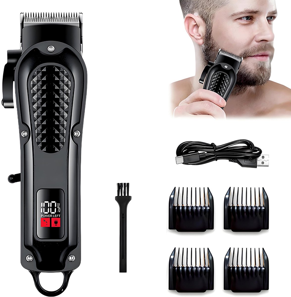 Harentondeuse voor heren - Elektrische tondeuse - Draadloze tondeuse - Trimmer - Scheerapparaat - Voor hoofdhuid en baard - Ingebouwde 1200mAh accu - Zwart