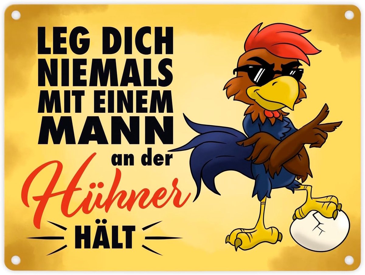 nooit in zee met een man die kippen houdt - Metalen bord met een nonchalante cartoonhaan