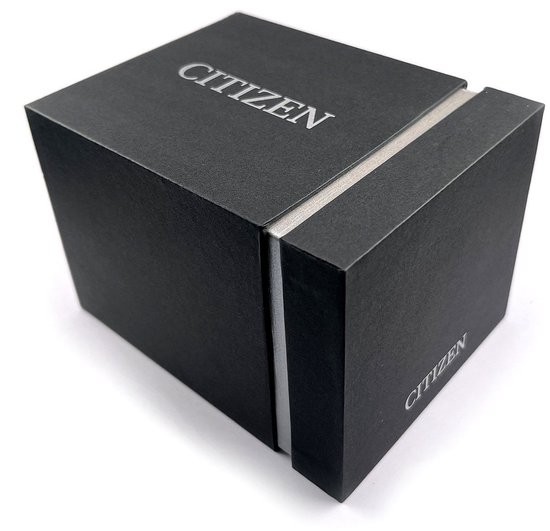 Zwarte Citizen horlogedoos met zilveren logo's.