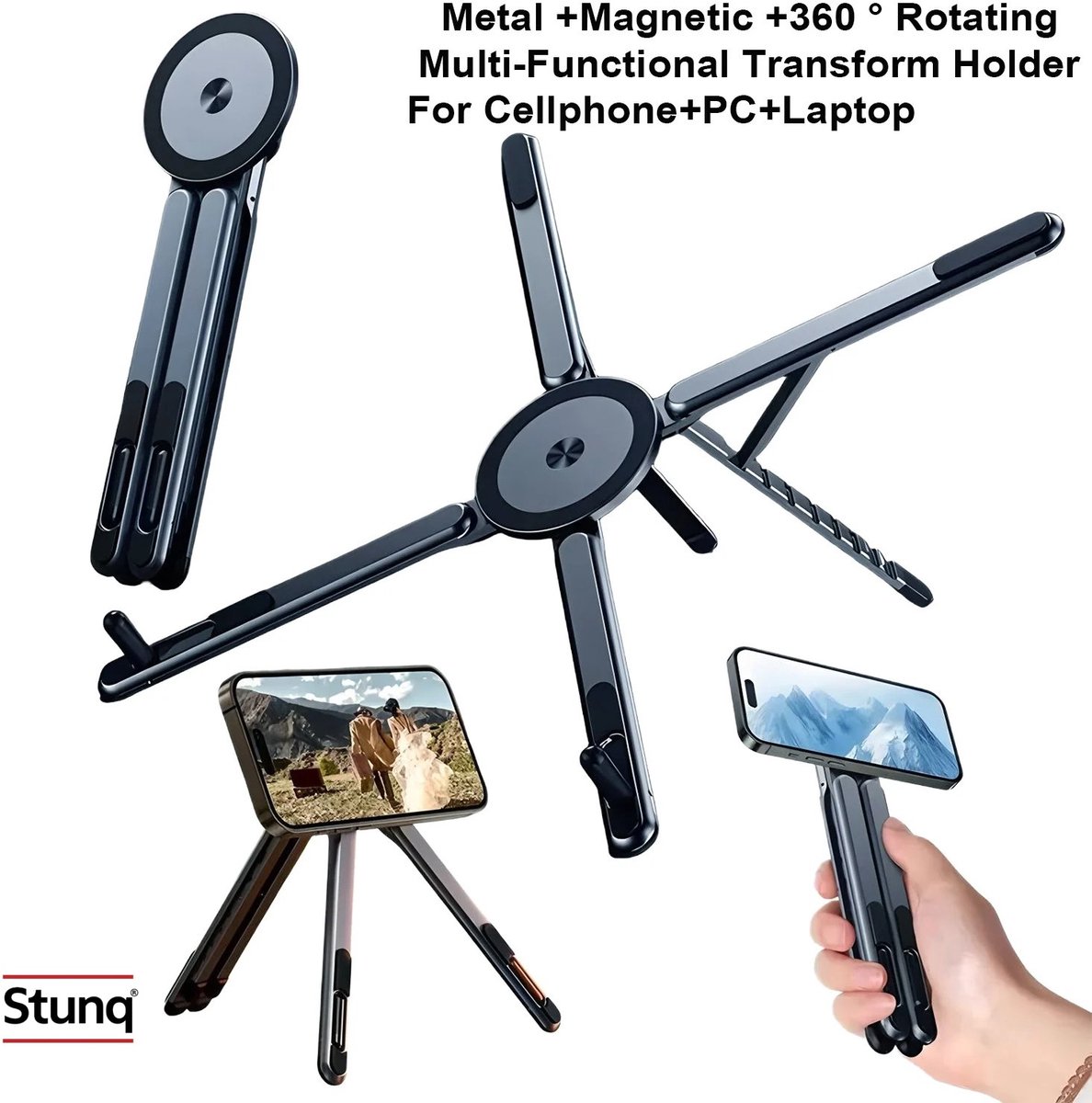 Image of Stunq® Magnetische Opvouwbare Laptopstandaard - Verstelbare 360° Rotatie Houder voor Laptop, Tablet en Smartphone - Zwart