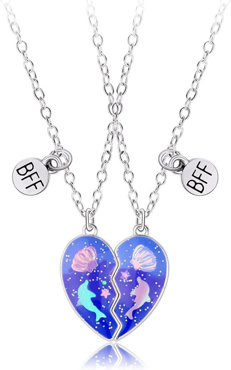 Vriendschapsketting voor 2 meisjes, BFF kettingen voor 2 met dolfijn & schelp hanger, halskettingen set voor beste vriendinnen, Best Friends ketting, inclusief kleine zwarte geschenkdoos