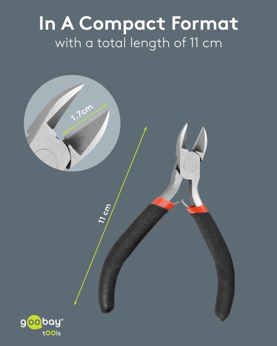 Zijkniptang van 11 cm lang met zwarte handvatten en rode accenten, snijdikte 1.7 cm.