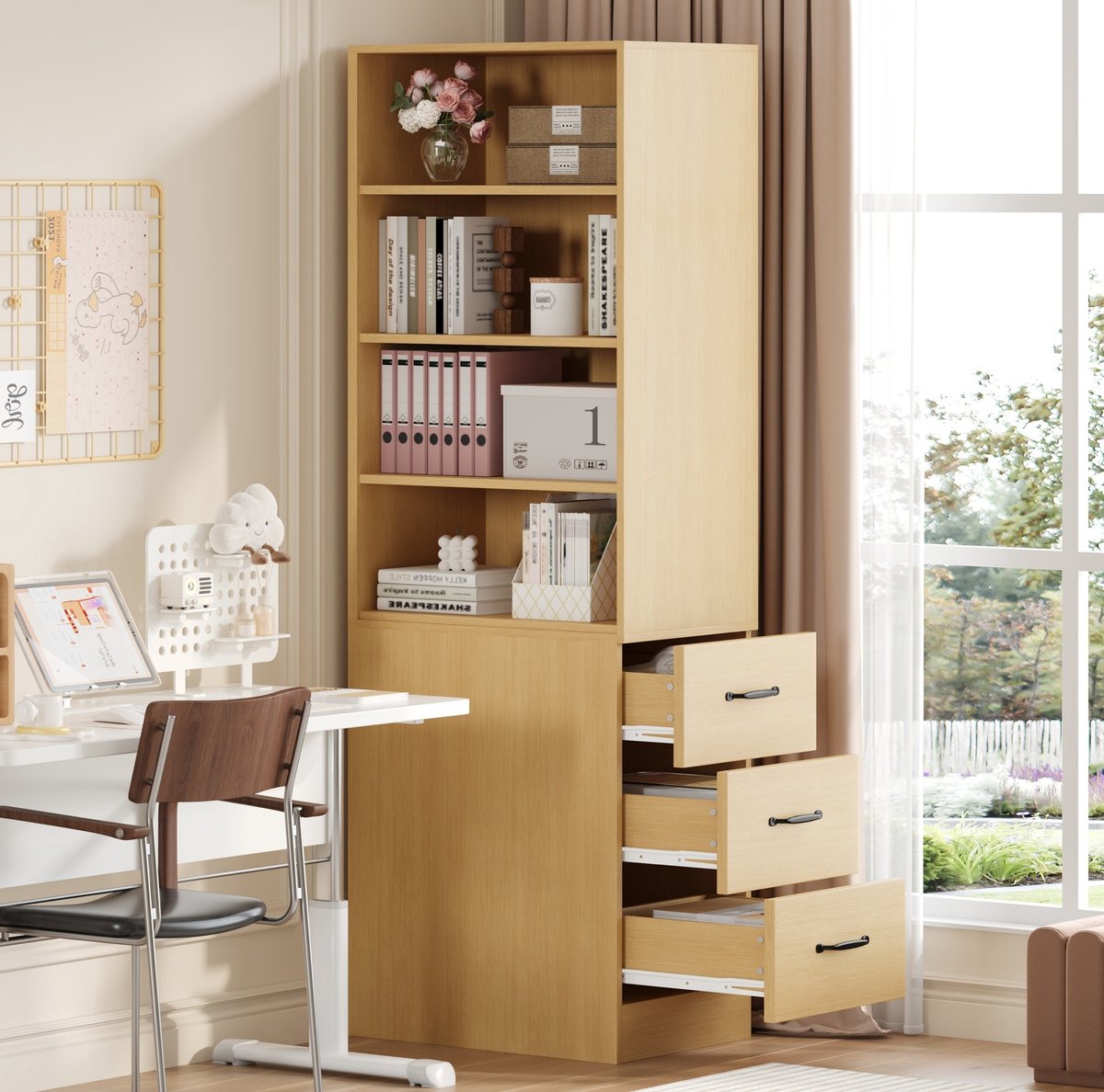 MEUNIQ smalle boekenkast 180 cm hoog met 3 zijlades, 4 open vakken en 2 verstelbare planken, eiken kleur, spaanplaat, voor woonkamer en kleine ruimtes