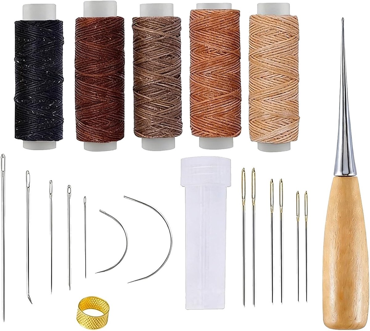 Leer naaiset - Multicolor - Compleet 21-delig - Met gewaxte draad en speciale naalden - Voor reparatie en handwerk