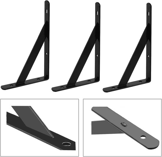 Hoekbeugels voor Muurbevestiging - Set van 4 Sterke Hoeksteunen voor Planken in Woonkamer, Slaapkamer en Keuken - Zwart — afbeelding 3