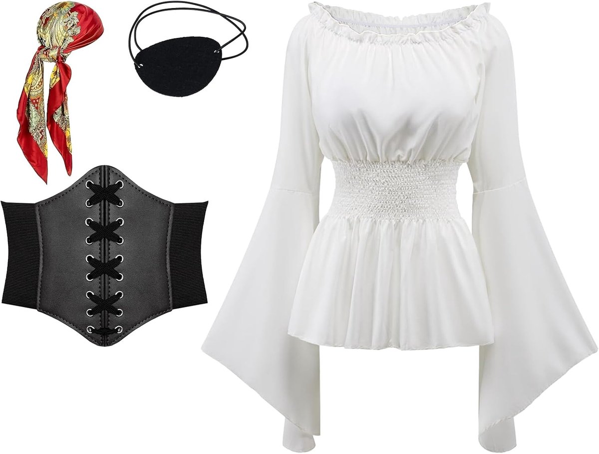 4 stuks piratenkostuum voor dames, middeleeuwse blouse met korsetriem, piratenaccessoires voor Halloween en carnaval