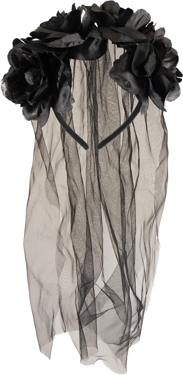 Lange Zwarte Sluier met Zwarte Bloemen Halloween Haarband Gotische Bruidssluier Dag van de Doden Feestaccessoires Fantasie Hoofdtooisel voor Volwassenen