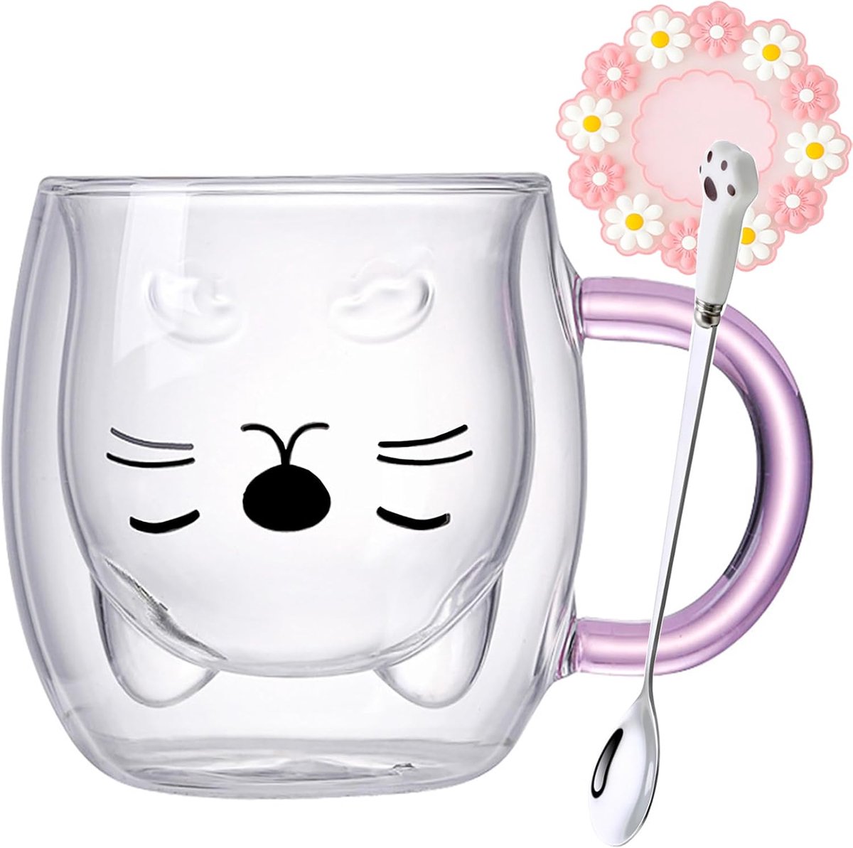 Kattenmok, glas, dubbelwandige glazen, kat met roze handvat, koffiemok met lepel en onderzetter, koffiemok, kopjes, drinkglazen, kattenglazen, theekopje, cadeau voor vrouw