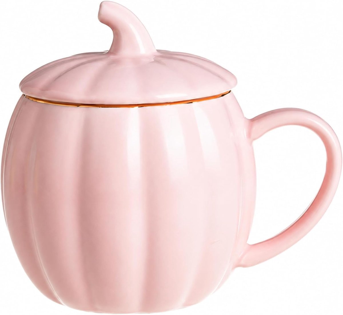 Schattige koffiemok met deksel, 400 ml, keramische mok in pompoenvorm voor warme en koude dranken, herfstmok als Halloween- en oogstcadeau (roze)