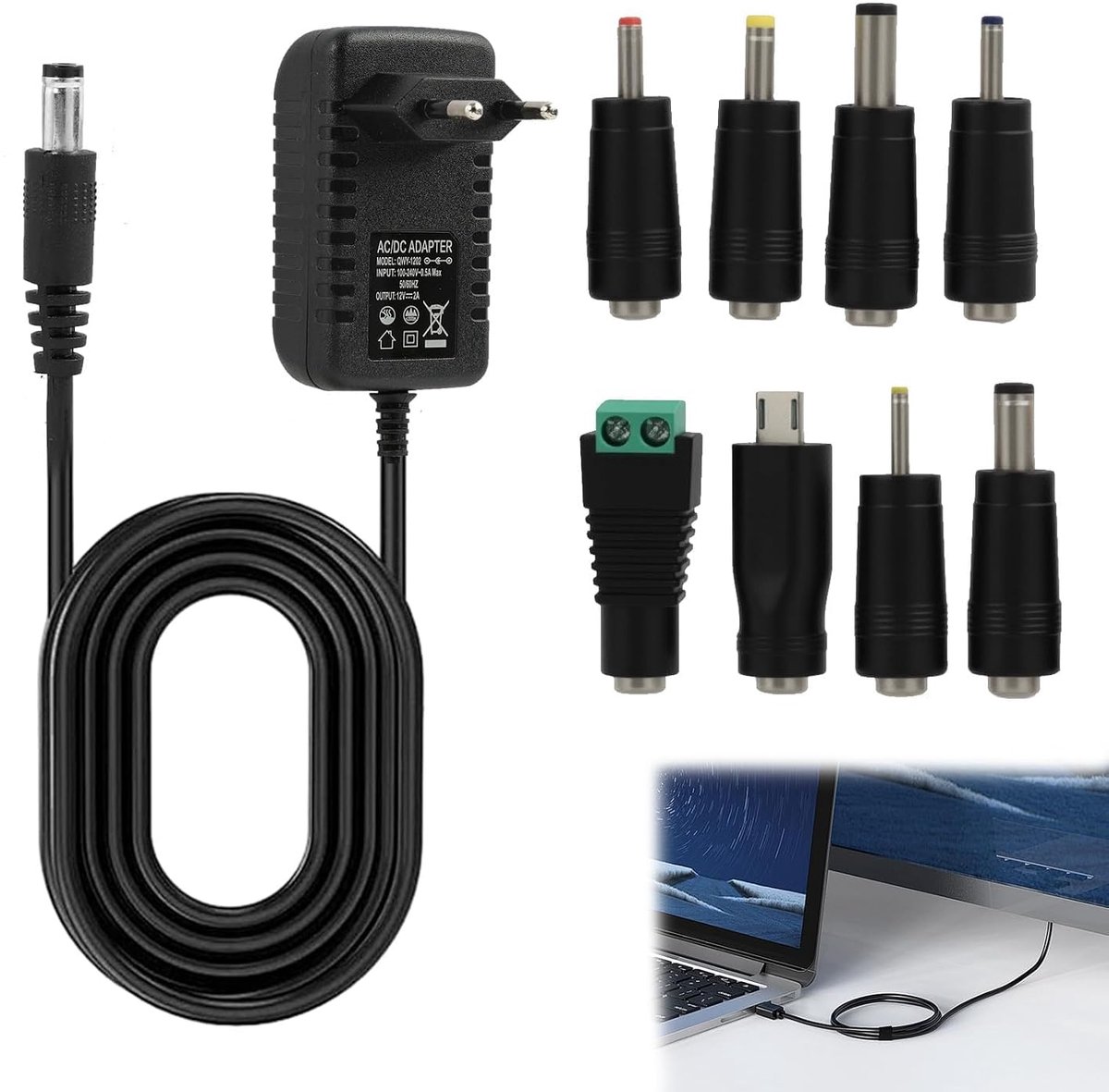 12 V 2 A, 24 W universele adapter AC/DC met 10 DC-aansluitingen, universele oplader 100 - 240 V, voor routers, led-camera's, luidsprekers, overspanningsbeveiliging, kortsluitbeveiliging