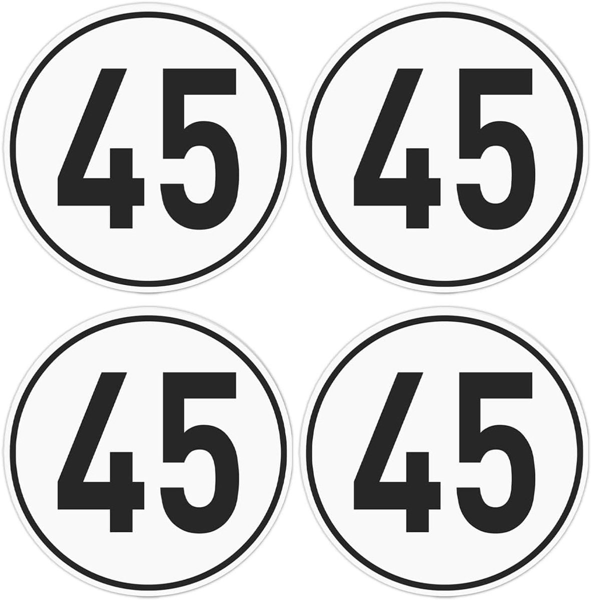 4 stuks Speed Stickerset, 45 km/u, Ø 20 cm, zelfklevende folie, buitenstickers, stickers tijd voor aanhanger, vrachtwagen, bus, caravan, snelheidsstickerset auto