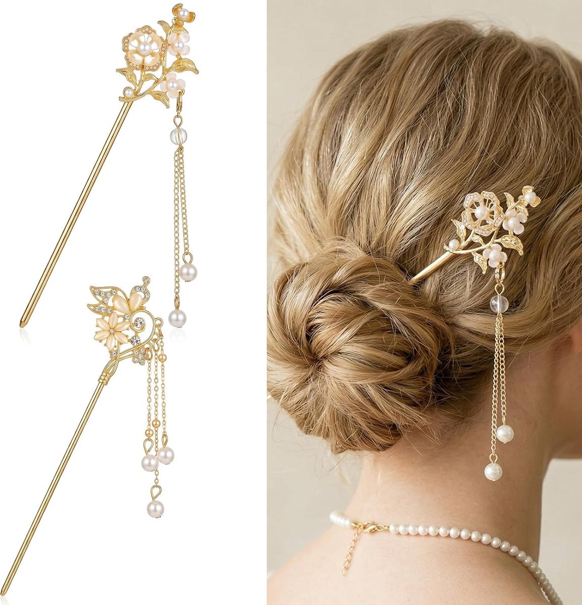Chinese haarstokjes voor broodjes, 2 stuks vintage gouden metalen lange haarstokjes pinnen bungelen kwastje hanger eetstokjes parel haarspeld Hanfu handgemaakte decoratie voor