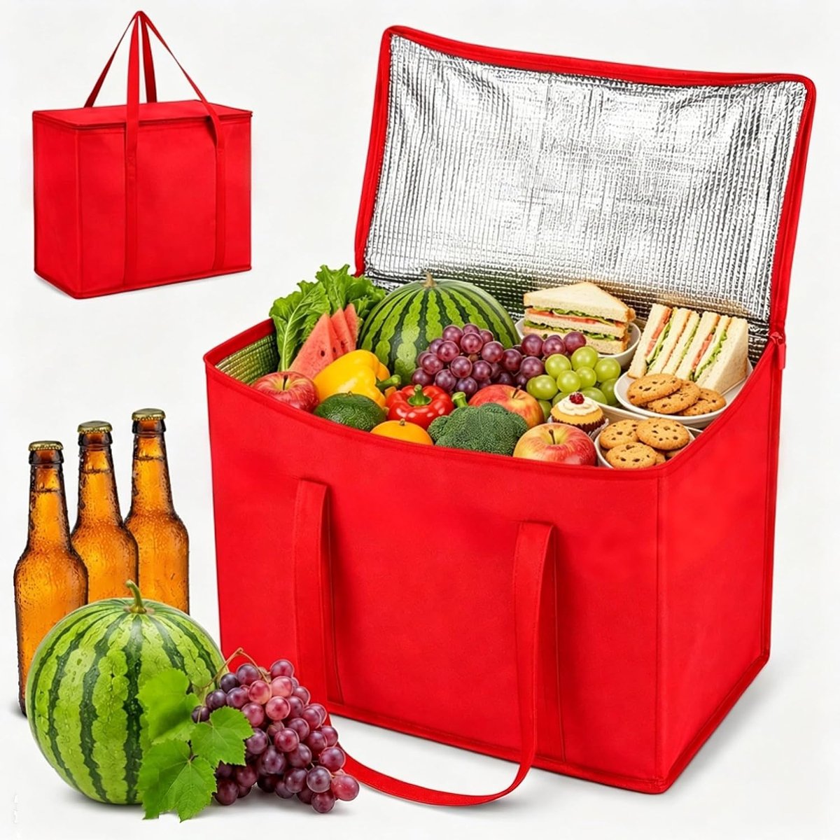 Koeltas, 30 l, thermotas met isolatie, warmte-isolerende boodschappentas voor picknick, camping, outdoor, met stabiele bodem en metalen ritssluiting, rood