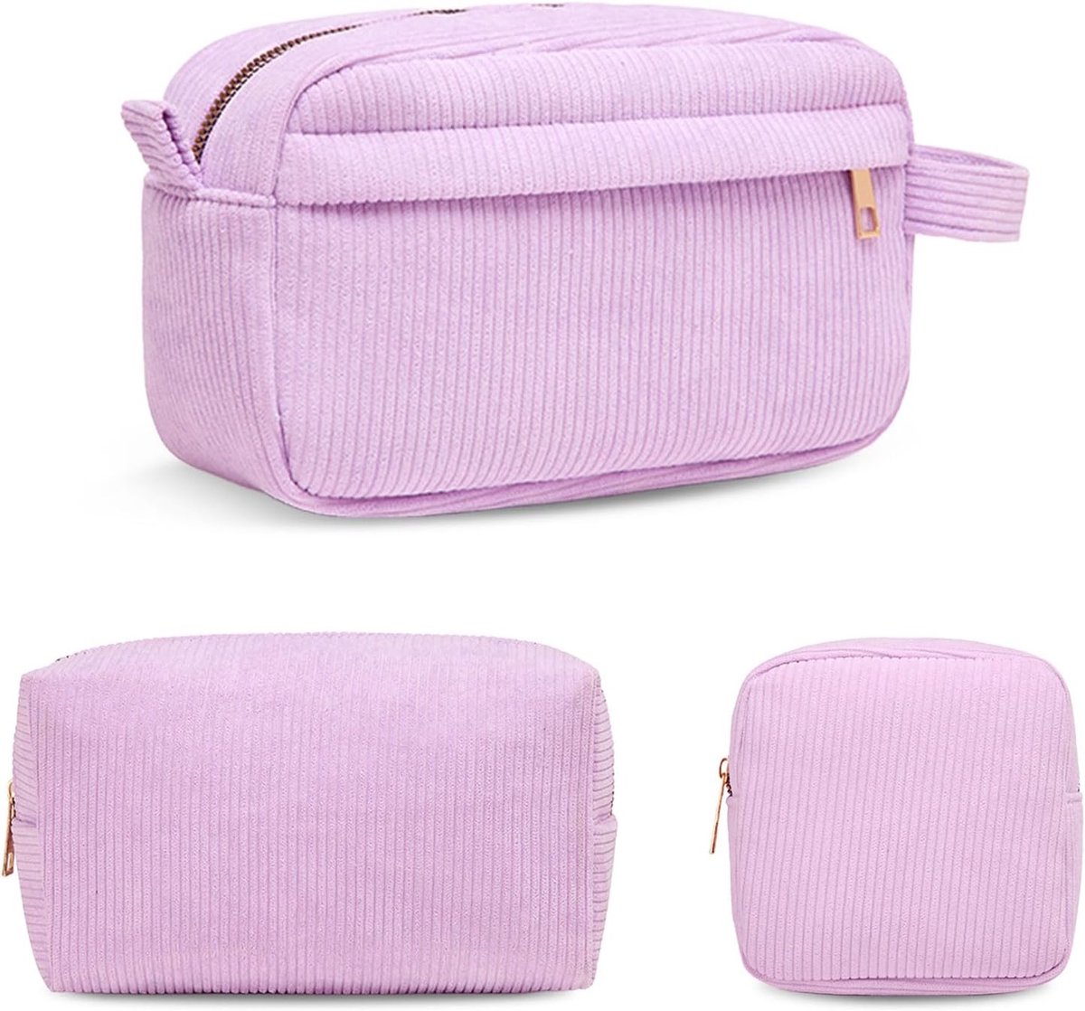 Make-uptas voor meisjes, corduroy, cosmeticatas, toilettas, dames, kleine make-uptas, beautycase, make-upkoffer, wastas, cosmeticabox, reizen, cosmeticatas, lippenstifttas, organizer, paars, 3 stuks