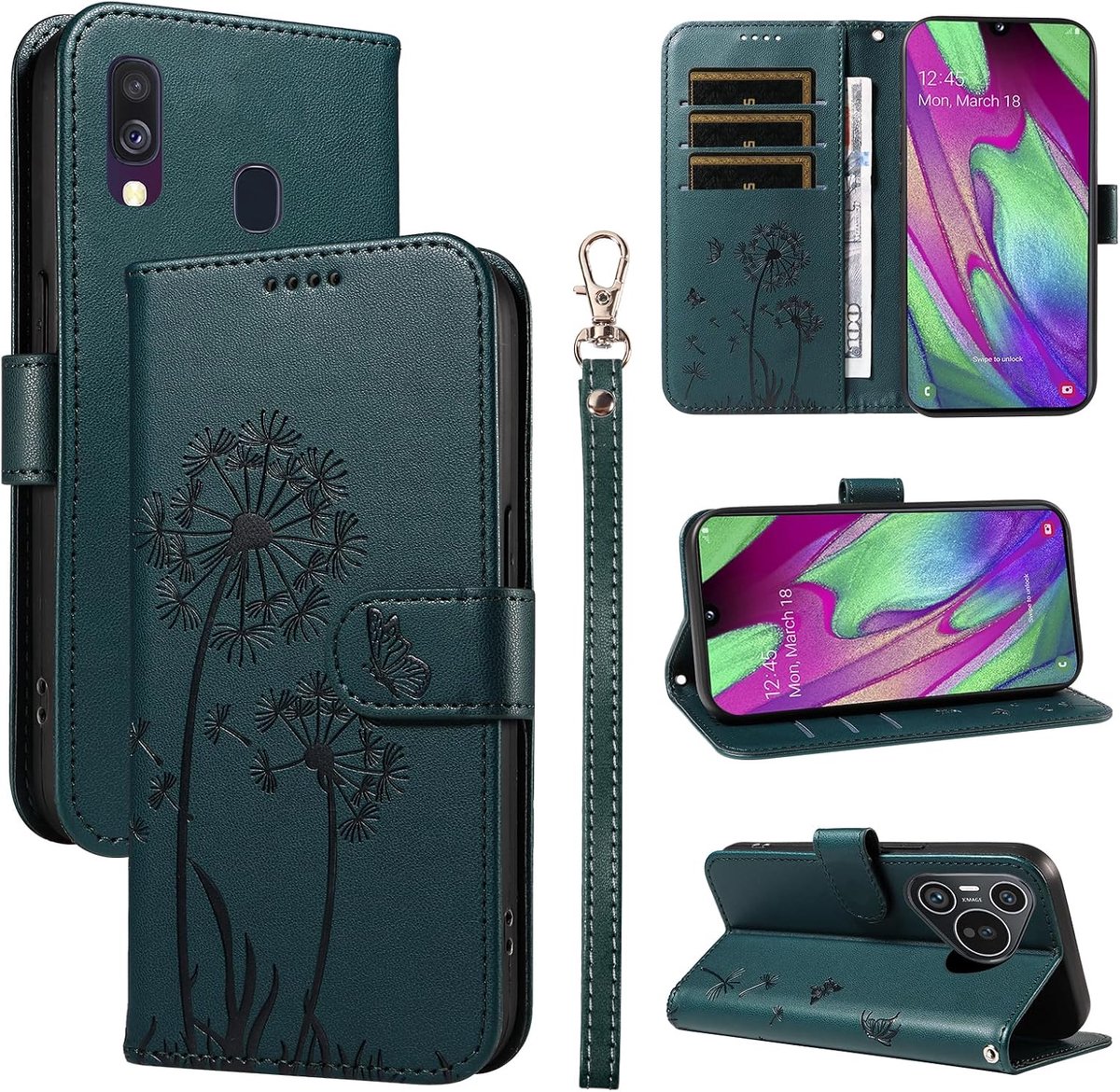 Hoesje voor Samsung Galaxy A40 Beschermhoes, Premium PU-leer Magnetisch Klapdeksel Telefoonhoesjes met Kaart Houder en Standfunctie voor Galaxy A40, Donkergroen
